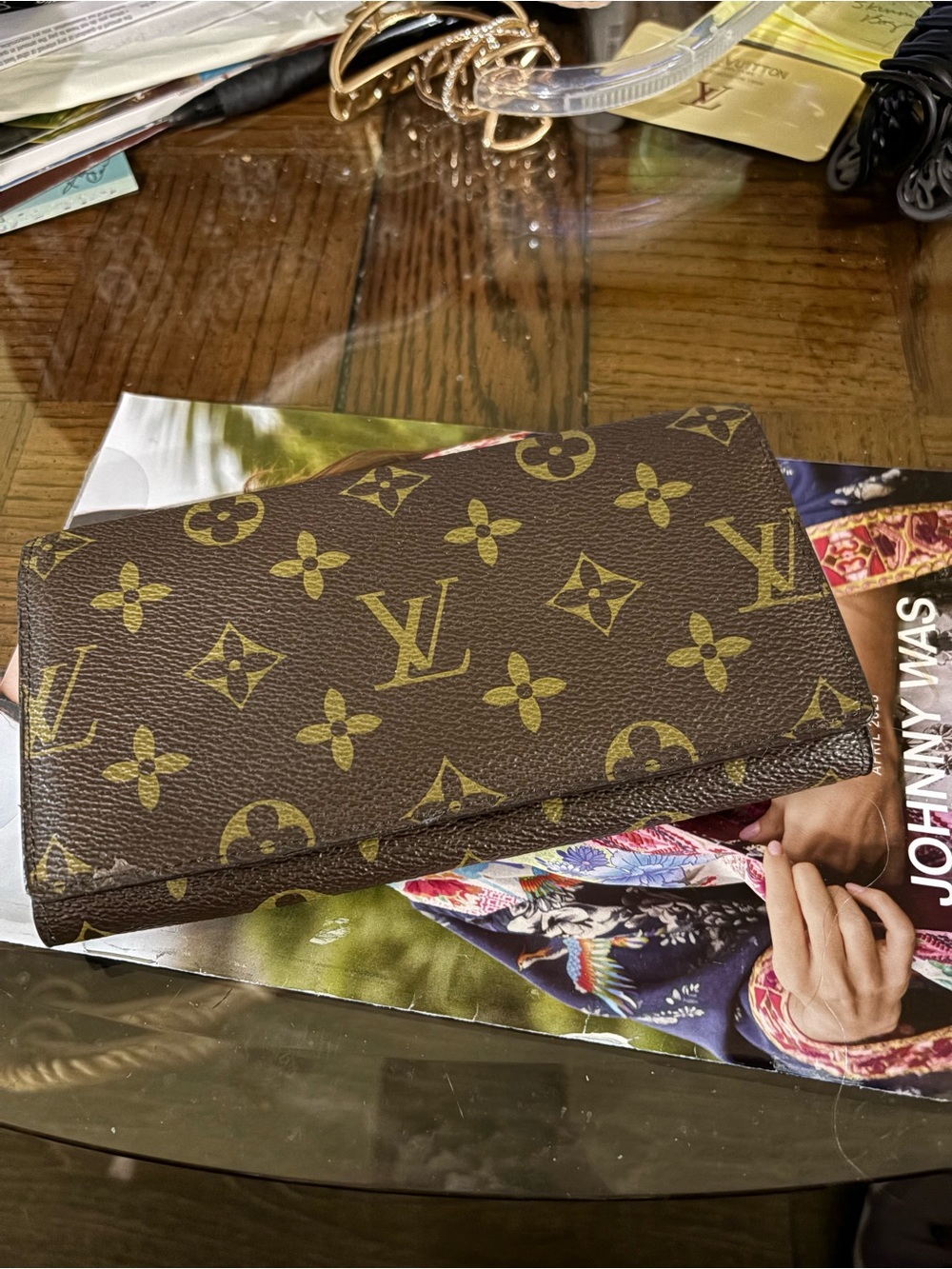 Canvas Brown Monogram Continental Wallet with Gold Accents